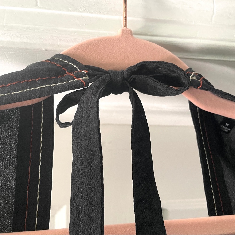 Madewell Black Silk Stitched V-Neck Tie Open Back Long Bell Sleeve Top Size M - Picture 11 of 14